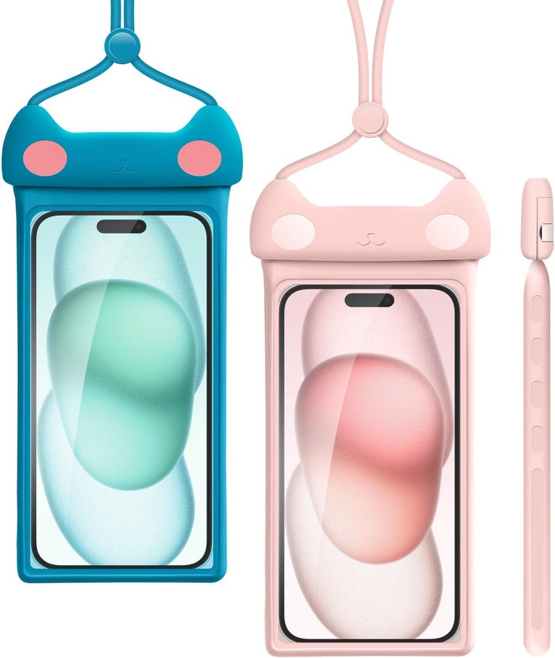 Wellhouse Waterproof Phone Pouch, Waterproof Phone Case for iPhone 16 15 14 13 12 Pro Max XS Samsung, IPX8 3D Cellphone Dry Bag Beach Essentials (2 Pack - Meow Pink & Blue7.0, 7 inch) - Image 1